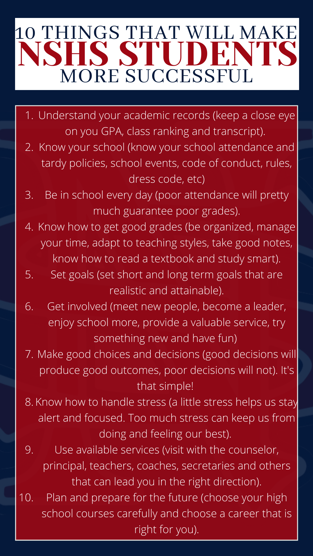 10 THINGS THAT WILL MAKE NSHS STUDENTS MORE SUCCESSFUL